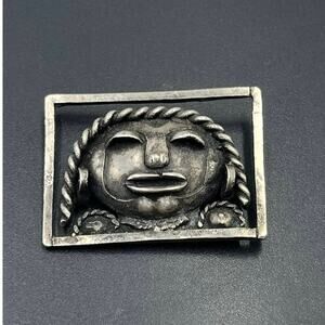 Vintage Sterling Silver Artisan Relief Ethnic Face Brooch Unique Tribal‎ Design